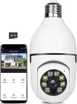 vibebli Security Wireless Camera WiFi 1080P Smart for Home Surveillance Screw into The E27 Socket Spotlight Alarm Color Night Vision Two-Way Talk Motion Alarm PTZ 360 Degree(64G SD Cards)