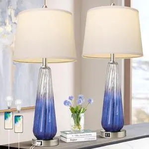 Modern Glass Table Lamp Set, Navy Blue Ombre, 27.5 Inch, 3-Way Touch Dimmable with USB Ports, White Shade, 2 Pack