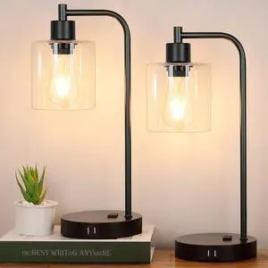 Set of 2 Industrial Table Lamps, 2 x 800LM LED Bulbs Included, Fully Stepless Dimmable Lamps with 2 USB Port, Bedside Nightstand Desk Lamps with Seeded Glass Shade for Reading Office