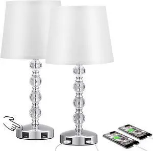 Cute Crystal Table Bedside Lamp Set of 2 with 2 USB Charging Ports, 3 Way Dimmable, Silver and White, Touch Control Nightstand Lamp, Small Bed Lamp for Bedroom, Guest Room(Bulb Included)