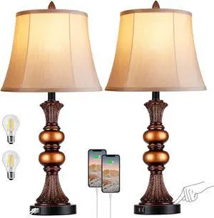 2 Touch Control Traditional Table Lamp, 27"H Bedside Lamps with 2 USB Charging Ports, 3-Way Dimmable Bronze Finish Large Nightstand Lamps with Bell Faux Silk Shade for Living Room, Bedroom