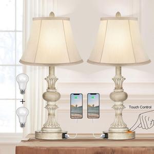 Touch Control Table Lamp Set of 2, 3-Way Dimmable Bedside Nightstand Lamp with 2 USB Charging Ports, Rustic Farmhouse Desk Lamp with Faux Silk Shade for Living Room