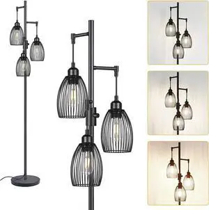 Dimmable Floor Lamp, 3 x 800LM LED Edison Bulbs Included, Farmhouse Industrial Floor Lamp Standing Tree Lamp with Elegant Teardrop Cage Heads Tall Lamps for Living Room Bedroom