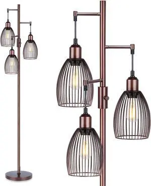 Dimmable Floor Lamp, 3 x 800LM LED Edison Bulbs Included, Farmhouse Industrial Floor Lamp Standing Lamp with Elegant Teardrop Cage Heads Tall Lamps for Living Room Office Bedroom