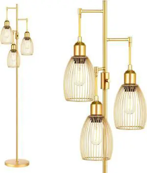 Dimmable Floor Lamp, 3 x 800LM LED Edison Bulbs Included, Farmhouse Industrial Floor Lamp Standing Lamp with Elegant Teardrop Cage Heads Tall Lamps for Living Room Office Bedroom