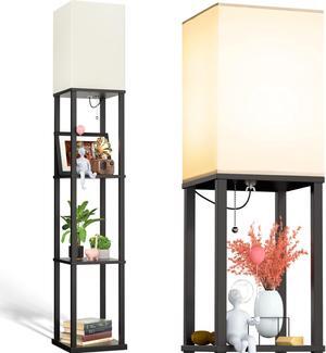 LED Modern Shelf Floor Lamp with White Lamp Shade and LED Bulb - Display Floor Lamps with Shelves for Living Room, Bedroom and Office - Black