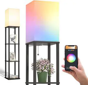 Smart Modern Shelf Floor Lamp with RGB Bulb and White Lamp Shade - Display Floor Lamps with Shelves for Living Room, Bedroom and Office - Classic Black