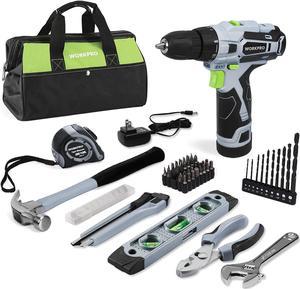 12V Cordless Drill Driver and Home Tool Kit, 61-Piece Hand Tool Set for DIY, Home Maintenance, 14-inch Storage Bag Included