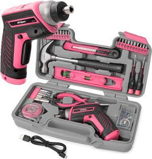 35 Piece Red Home DIY Tool Kit with USB Rechargeable 3.6V Electric Power Screwdriver. Easy Repair with Household Hand Tools & Picture Hanging Kit. All In a Portable Box