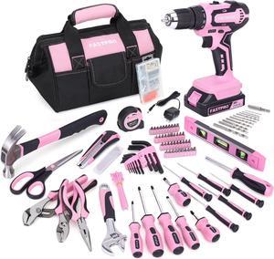 232-Piece 20V Pink Cordless Lithium-ion Drill Driver and Home Tool Set, Lady's Home Repairing Tool Kit with 12-Inch Wide Mouth Open Storage Tool Bag