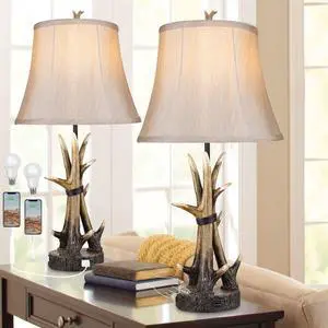 Rustic Table LampsSet of 2, Farmhouse Antler Western Bedside Lamp for Bedroom with 2 USB Charging Port, 3-Way Dimmable Resin Nightstand Lamps