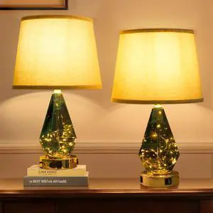 21 Inch Modern Glass Table Lamp Set of 2 ,Bedside Lamp with PD 20W USB Charger and AC Outlet, 3 Way Dimmable Touch Nightstand Lamp with LED Fairy Lights for Bedroom Living Room