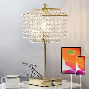 17.6 Inch LED Touch Control Crystal Table Lamp Set of 2 with Dual USB Ports, 3-Way Dimmable Lamp, Gold (Bulb Included)