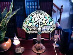 Tiffany Style , Sea Blue Stained Glass Table Lamp 18 Inches Dragonfly Style Bedside Nightstand Desk Reading Light Decor Bedroom Living Room Home Office (LED Bulb Included)