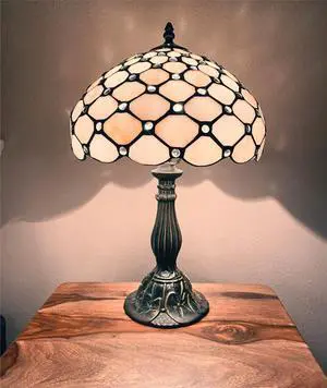 Tiffany Lamp Table Bedside Lamp Cream Amber Stained Glass Bead Desk Reading Light 18 Inches Decor Nightstand Bedroom Living Room Home Office (LED Bulb Included)