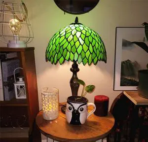 Tiffany Style Bedside Lamp Green Wisteria Stained Glass Nightstand Reading Desk Light 18 Inches Decor Bedroom Living Room Home Office (LED Bulb Included)