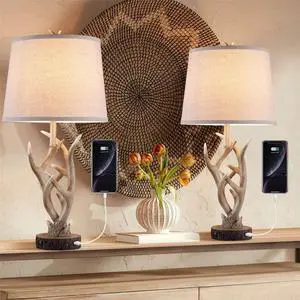 Rustic Brown Table Lamp Set of 2, 26" Farmhouse Bedside Lamp for Bedroom with 2 USB Ports, Natural Antler Table Lamp for Living Room Foyer Office (Bulb not included)
