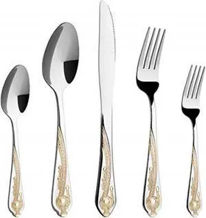 20 Piece Stainless Steel Silver Tableware Set with 24K Gold-Plated Trim, Eating Utensils, Great for Family Gatherings & Daily Use