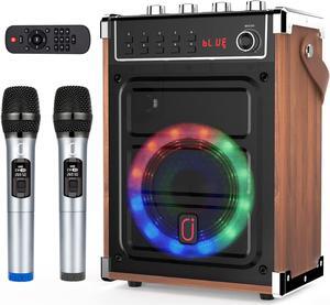 Portable Karaoke Machine with 2 UHF Wireless Microphones, Bluetooth Speaker, Bass/Treble Control, LED Light, TWS Support, AUX In, FM Radio - Great for Parties, Meetings, and Weddings (Brown)