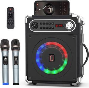 Karaoke player with two wireless microphones, portable Bluetooth speaker with bass/treble adjustment, PA system with remote control.