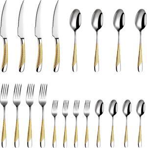 20 pieces of hammer silver gold set, modern gold 18/10 stainless steel tableware set, kitchen utensils set, tableware set, knife and fork spoon set.