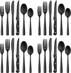 24 Pieces Matte Black  Set with Steak Knives for 4, Stainless Steel Flatware Utensils Set, Hand Wash Recommended