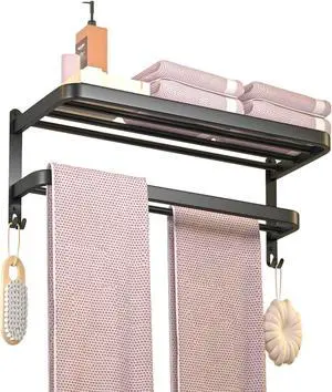 Wenger 14.9 inch stainless steel towel rack, suitable for bathroom towel racks, with double towel bars, bathroom wall bracket, with hooks, hotel bathroom rack