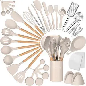 Wenger  43Pcs non-stick heat-resistant wooden handle silicone kitchenware set, the best kitchen gadget (khaki)