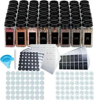 Wenger 48 Spice Jars with 562 Labels- Glass Spice Jars with Black Metal Caps, 4oz Empty Spice Containers with Shaker Lids, Funnel, Chalk Pen, Square Seasoning Bottles for Spice Rack, Drawer, Cabinet