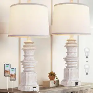 Farmhouse Table Lamps Set of 2 with Dual USB Charging Ports, White Fabric Shade, 3-Color LED Bulbs, Retro Resin Base, Eye Protection, Ideal for Bedroom or Living Room Nightstand Farmhouse Table Lamps Set of 2 with Dual USB Charging Ports, White Fabric Shade, 3-Color LED Bulbs, Retro Resin Base, Eye Protection, Ideal for Bedroom or Living Room Nightstand