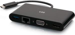 C2G USB C to HDMI, VGA, USB A & RJ45 Adapter - 4K 30Hz - Black - for Notebook/Tablet PC - USB 3.1 Type C - 4K, Full HD - 3840 x 2160, 1920 x 1200 - 1 x USB 3.0 - USB Type-A - USB Type-C - 1 x RJ-4