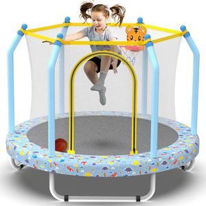 Mersco 55" Mini Toddler Trampoline for Kids Ages 1+ Indoor & Outdoor Trampoline with Net Small Children Trampolines with Basketball Hoop,Gifts for Boys Girls Christmas Birthday Toys, Blue Forest