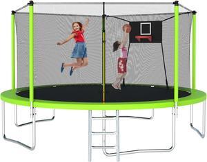 Mersco 14FT Trampoline with Safety Enclosure Net,Trampolines with Soft Basketball,Outdoor Trampoline and Trampolines for Kids and Adults for Backyard Park-ASTM Approved Green Color