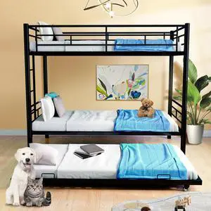 Mersco Convertible Bunk Bed with Trundle Twin Over Twin Bunk Beds with Ladder & Guardrail Heavy Duty Metal Bunkbed Frame for 3 Teens Dorm Bedroom Guest Room, No Box Spring Needed, Black