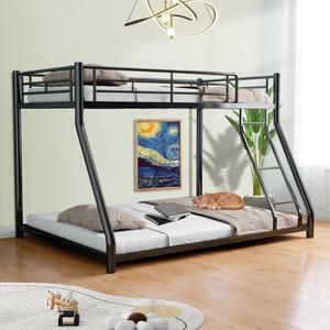 Mersco Bunk Bed Twin Over Full Size, Twin Over Full Bunk Beds with Ladder & Guardrail Heavy Duty Bunk Beds Frame for Teens Adults Dorm Bedroom Guest Room, No Box Spring Needed, Black