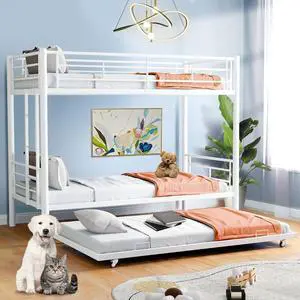 Mersco Metal Bunk Bed with Trundle Twin Over Bunk Bed with Ladder & Guardrail Heavy Duty Convertible Beds Frame for Teens Adults Dorm Bedroom Guest Room, No Box Spring Needed, White