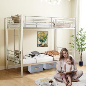 Mersco Twin Over Twin Bunk Beds for Adults Convertible Metal Bunk Bed Heavy Duty Bunkbeds Frame for Teens Dorm Small Spaces Bedroom Guest Room, with Ladder & Guardrail, Bottom Space, Gray Silver