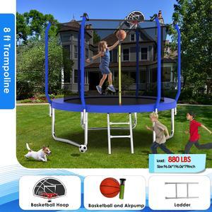 Mersco 8FT/10FT/12FT/14FT Kid Trampoline Outdoor With Basketbal & Hoop, Airpump, Rebounder Trampoline For Kids And Adults With Safety Enclosure Net & Ladder,Ideal Kids Gifts For New Year And Birthday