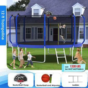 Mersco12FT Kid Trampoline Outdoor With Basketbal & Hoop, Airpump, Rebounder Trampoline For Kids And Adults With Safety Enclosure Net & Ladder,Ideal Kids Gifts For New Year And Birthday 12ft