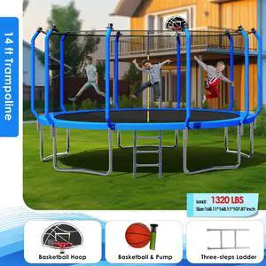 Mersco 14FT Kid Trampoline Outdoor With Basketbal & Hoop, Airpump, Rebounder Trampoline For Kids And Adults With Safety Enclosure Net & Ladder,Ideal Kids Gifts For New Year And Birthday 14FT