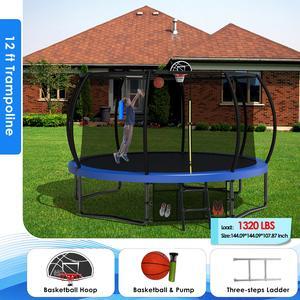 Mersco 12FT Kid Trampoline Outdoor With Basketbal & Hoop, Airpump, Pumpkin Rebounder Trampoline For Kids And Adults With Safety Enclosure Net & Ladder,Ideal Kids Gifts For New Year And Birthday