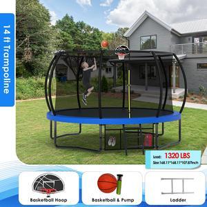 Mersco 14FT Kid Trampoline Outdoor With Basketbal & Hoop, Airpump, Pumpkin Rebounder Trampoline For Kids And Adults With Safety Enclosure Net & Ladder,Ideal Kids Gifts For New Year And Birthday Green