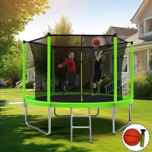 Mersco 10FT Kid Trampoline Outdoor With Basketbal & Hoop, Airpump, Straight Pole Rebounder Trampoline For Kids And Adults With Safety Enclosure Net & Ladder, New Year And Birthday Gift  Green
