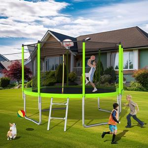 Mersco 12FT Kid Trampoline Outdoor With Basketbal & Hoop, Airpump, Straight Pole Rebounder Trampoline For Kids And Adults With Safety Enclosure Net & Ladder, New Year And Birthday Gift Green Blue