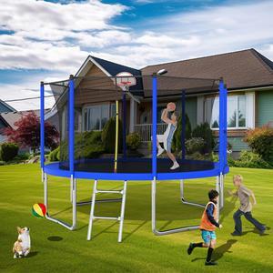 Mersco12FT Kid Trampoline Outdoor With Basketbal & Hoop, Airpump, Straight Pole Rebounder Trampoline For Kids And Adults With Safety Enclosure Net & Ladder, New Year And Birthday Gift Green Blue Blue