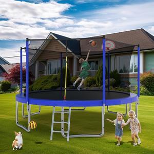 Mersco 14FT Kid Trampoline Outdoor With Basketbal & Hoop, Airpump, Straight Pole Rebounder Trampoline For Kids And Adults With Safety Enclosure Net & Ladder, New Year And Birthday Gift Green Blue Blue