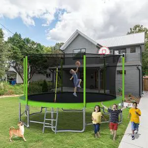 Mersco 15FT Kid Trampoline Outdoor With Basketbal & Hoop, Airpump, Straight Pole Rebounder Trampoline For Kids And Adults With Safety Enclosure Net & Ladder, New Year And Birthday Gift  Green