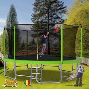 Mersco 16FT Kid Trampoline Outdoor With Basketbal & Hoop, Airpump, Straight Pole Rebounder Trampoline For Kids And Adults With Safety Enclosure Net & Ladder, New Year And Birthday Gift Green Green
