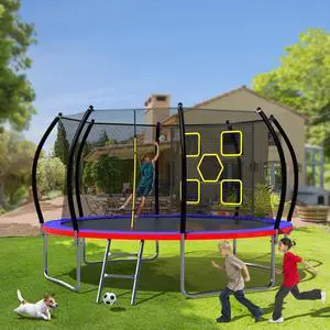 Mersco 12FT Kid Trampoline Outdoor With Verstile Football and Baseball Net,Rebounder Trampoline For Kids And Adults With Safety Enclosure Net & Ladder, New Year And Birthday Gift Blue Red