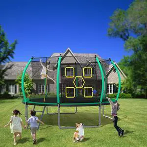 Mersco 12FT Kid Trampoline Outdoor With Verstile Football and Baseball Net,Rebounder Trampoline For Kids And Adults With Safety Enclosure Net & Ladder, New Year And Birthday Gift Blue Green